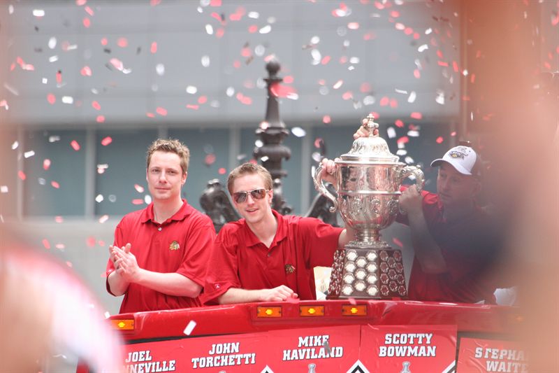 AthletiCo's Jeff Thomas celebrates the Blackhawks championship.