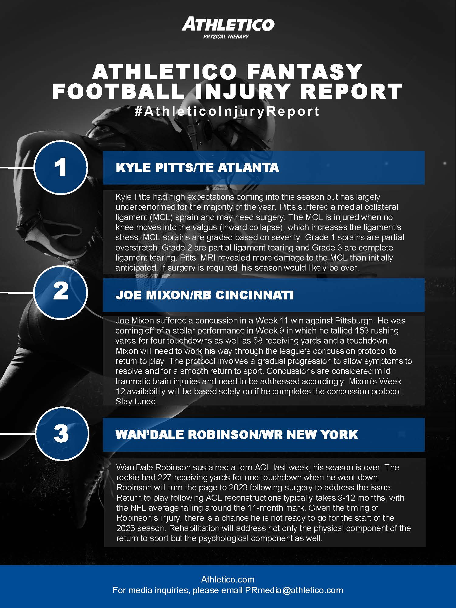 Athletico Fantasy Football Injury Report 2022 Week 12 Athletico